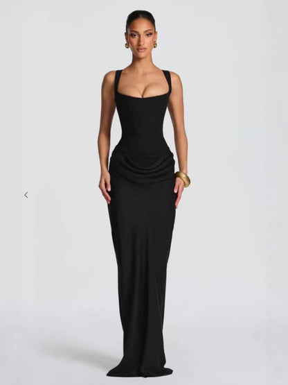 Fish Bones Waist Corset Pleated Camisoles Sleeveless Hip-hugging Maxi Dresses