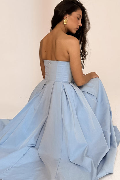 Strapless Princess Seam Pleated A-Line Midi Dress