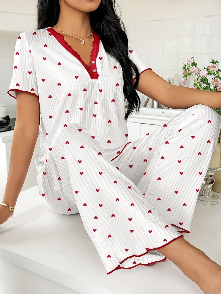 Heart-print V-neck Short-sleeved Trousers Loungewear Set