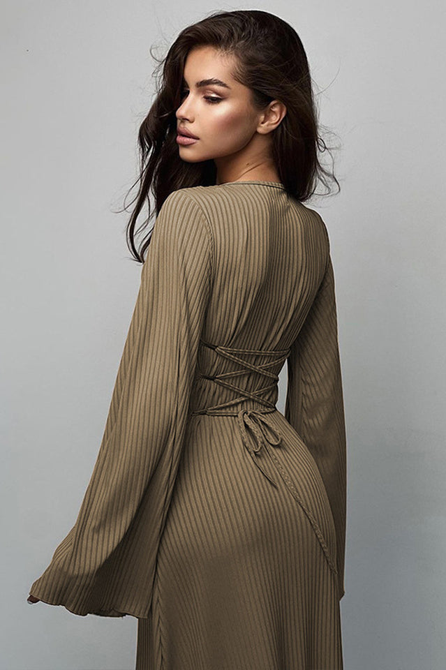 Ribbed Knit Scoop Neck Bell Sleeve Bodycon Maxi Dress