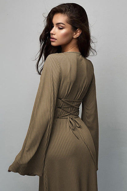 Ribbed Knit Scoop Neck Bell Sleeve Bodycon Maxi Dress