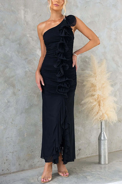 Margovil One Shoulder Slit Ruffle Mesh Maxi Dress