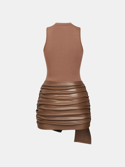 Sleeveless Mini Dress With Front Tie And PU Trim Two-piece Set