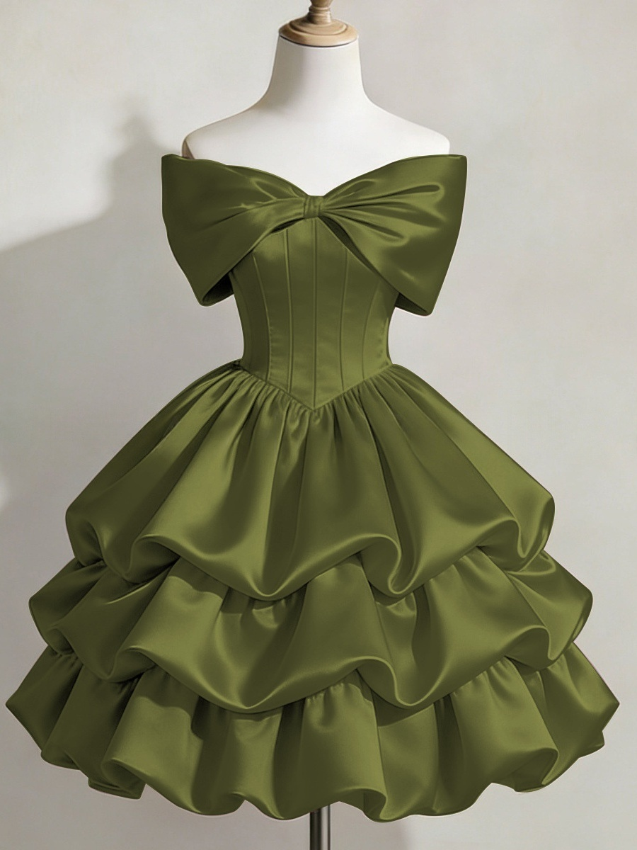 Satin Off-shoulder Bow Design Multi-layered Short Dress
