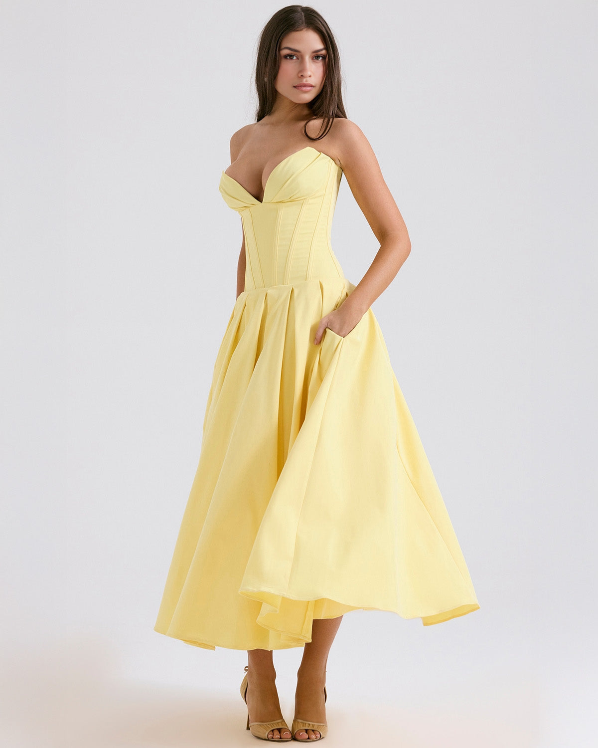 Strapless Deep V Neck Corset Bodice Pleated Fit and Flare Midi Dress