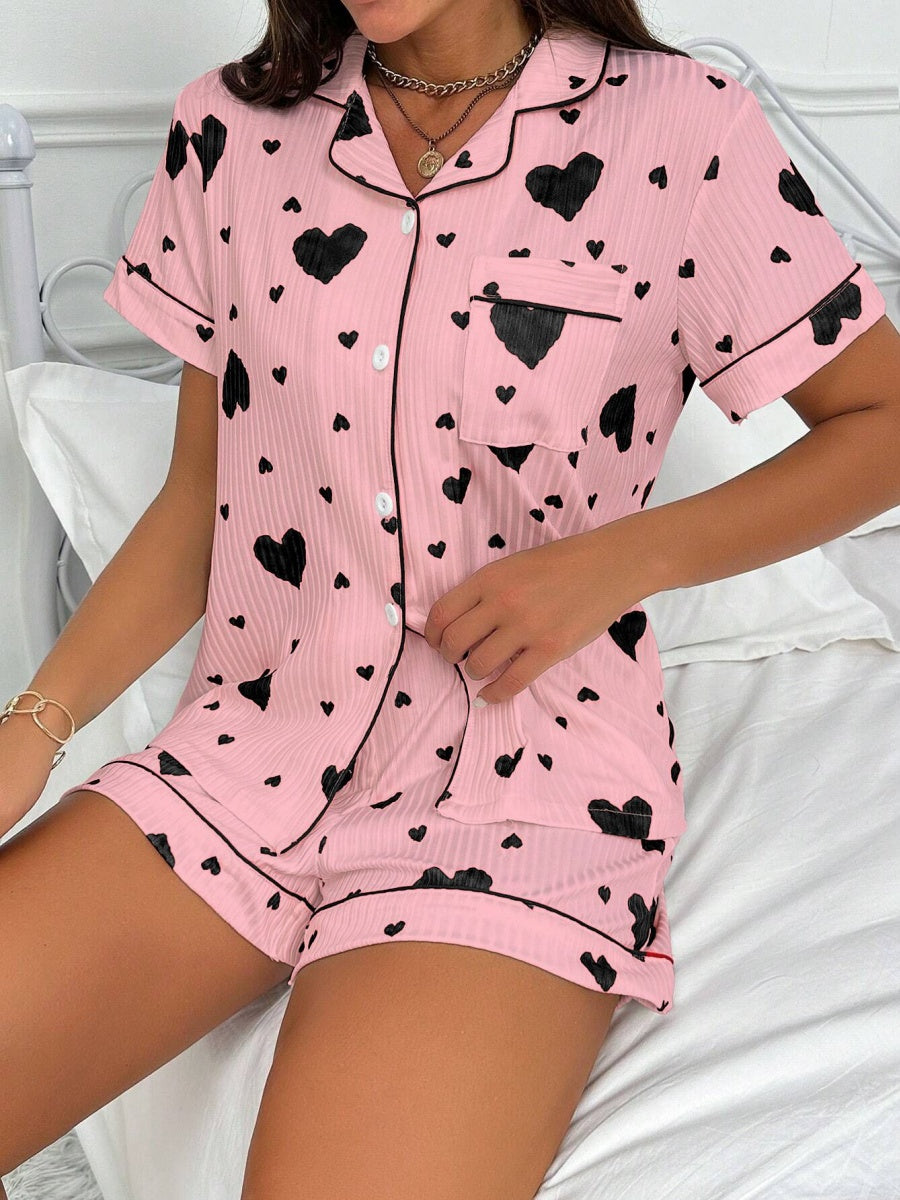 Heart-print Cardigan With Collar And Button-down Short Sleeves And Shorts, Two-piece Loungewear Set