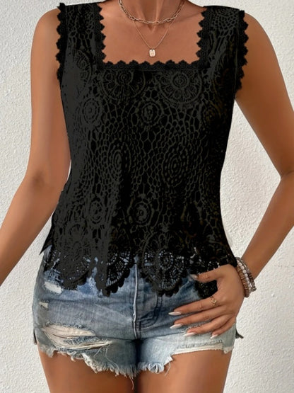 Square Neck Heavy-duty Crochet Openwork Flower Tank Top