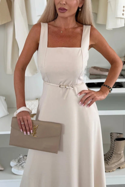 Solid Color Square Neck Sleeveless Fitted Waist Elegant Lace Hem Maxi Dress