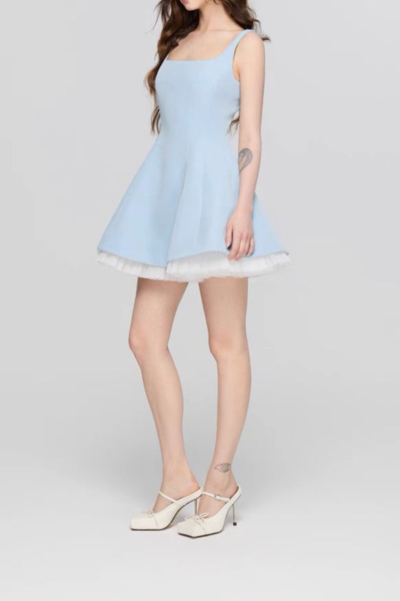 Square Neck Princess Seam Tulle Underlay Fit and Flare Mini Dress