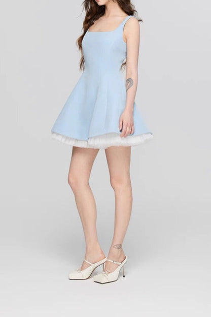 Square Neck Princess Seam Tulle Underlay Fit and Flare Mini Dress