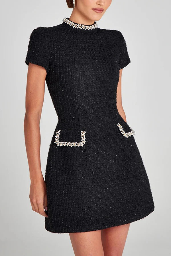 Pearl Trim Mock Neck Tweed Pocket Mini Dress