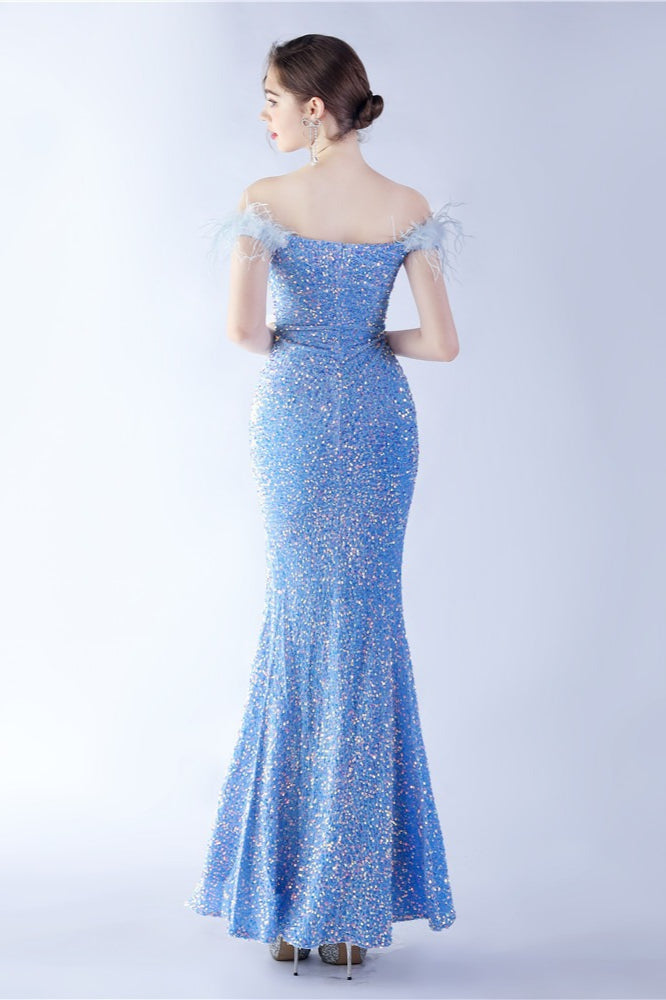 Velvet Sequin Ostrich Feather Off Shoulder Formal Dress