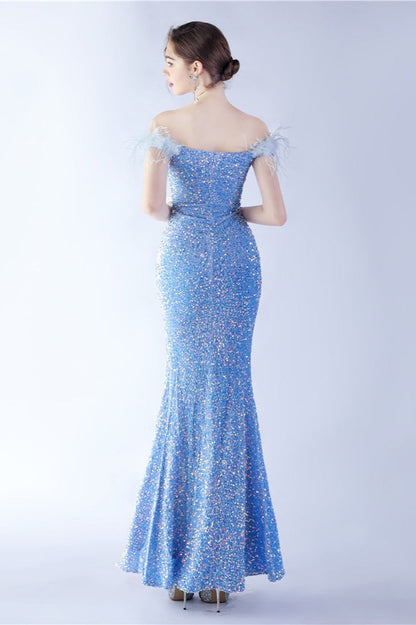 Velvet Sequin Ostrich Feather Off Shoulder Formal Dress