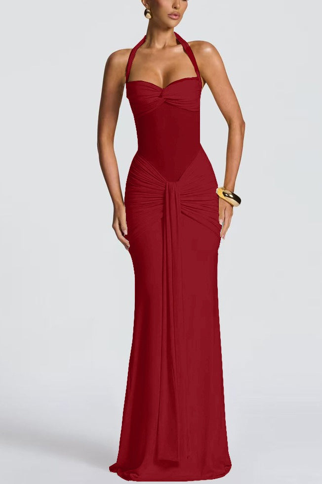 Halter Sweetheart Ruched Mesh Panel Cutout Front Drape Maxi Dress