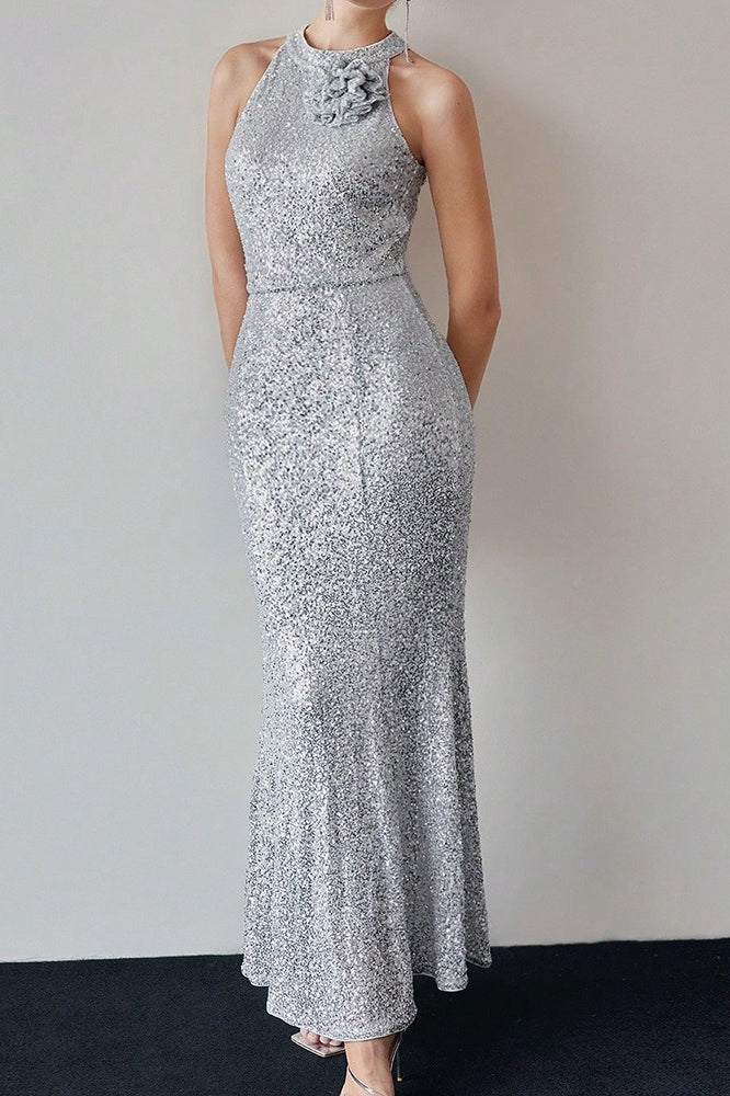 Sequin Halter Mermaid Rosette Shoulder Maxi Gown