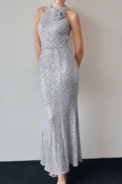 Sequin Halter Mermaid Rosette Shoulder Maxi Gown