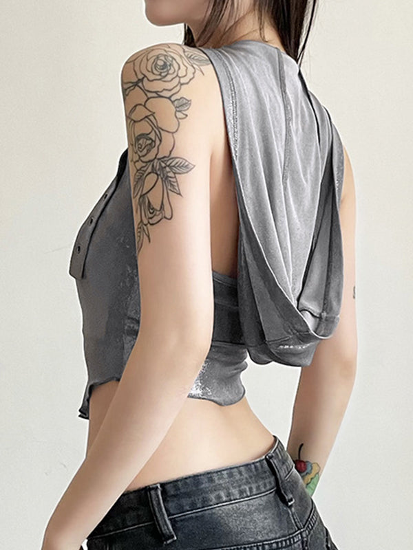 Metallic Eyelet Buckle Hooded Halter Vest