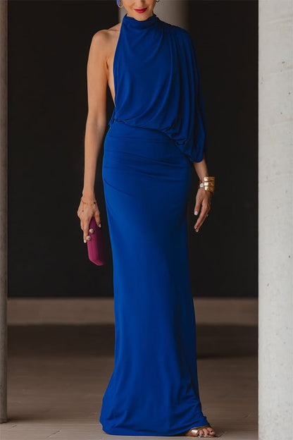 Royal Blue High Neck Asymmetrical Cutout Sleeve Drape Maxi Dress