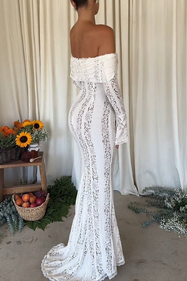 Floral Lace Off Shoulder Bell Sleeve Mermaid Maxi Dress