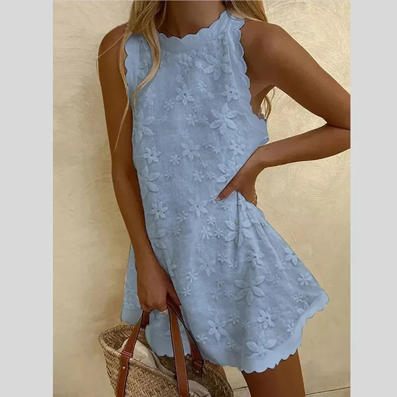 High Neck Scalloped Trim Floral Embroidery Sleeveless A-Line Mini Dress