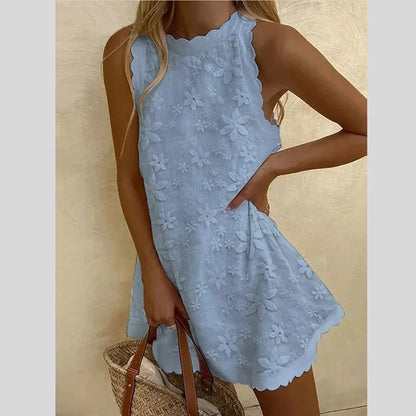 High Neck Scalloped Trim Floral Embroidery Sleeveless A-Line Mini Dress