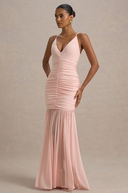 Sheer Plunge Ruffle Slip Dress