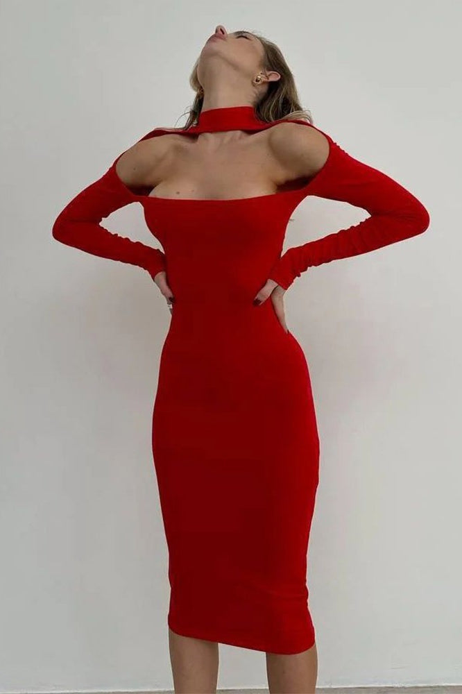 Choker Neck Long Sleeve Shoulder Cut Out Bodycon Midi Dress