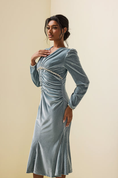 Solid Velvet Rhinestone Midi Dress