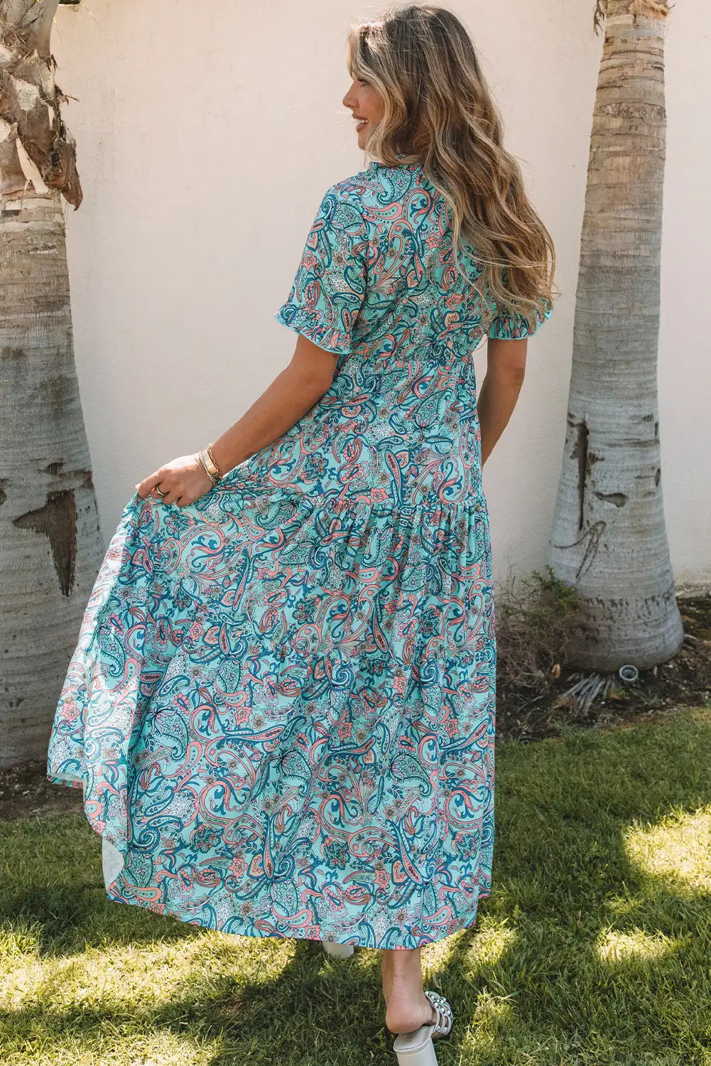 boho paisley print ruffle maxi dress