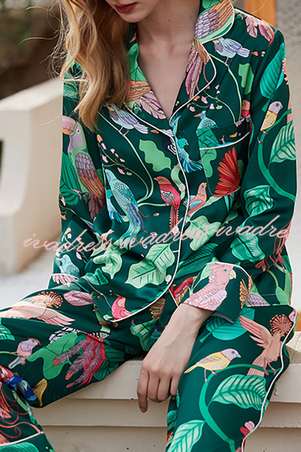 Green Parrot Print Home Long Sleeved Two-piece Set