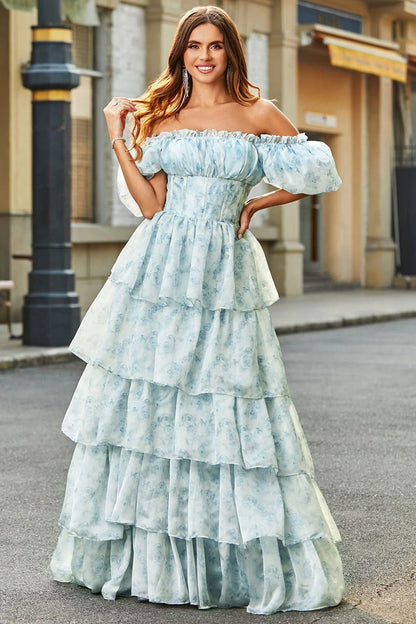Off Shoulder Corset Bodice Puff Sleeve Tiered Floral Print Maxi Dress