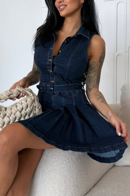 Stylish Collared Sleeveless Button-down Belted Casual Denim Mini Dress