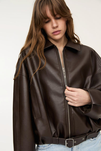Retro Casual Faux Leather Bomber Jacket