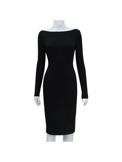 Full Sleeves Backless Pure Slit Midi Dress with Zipper