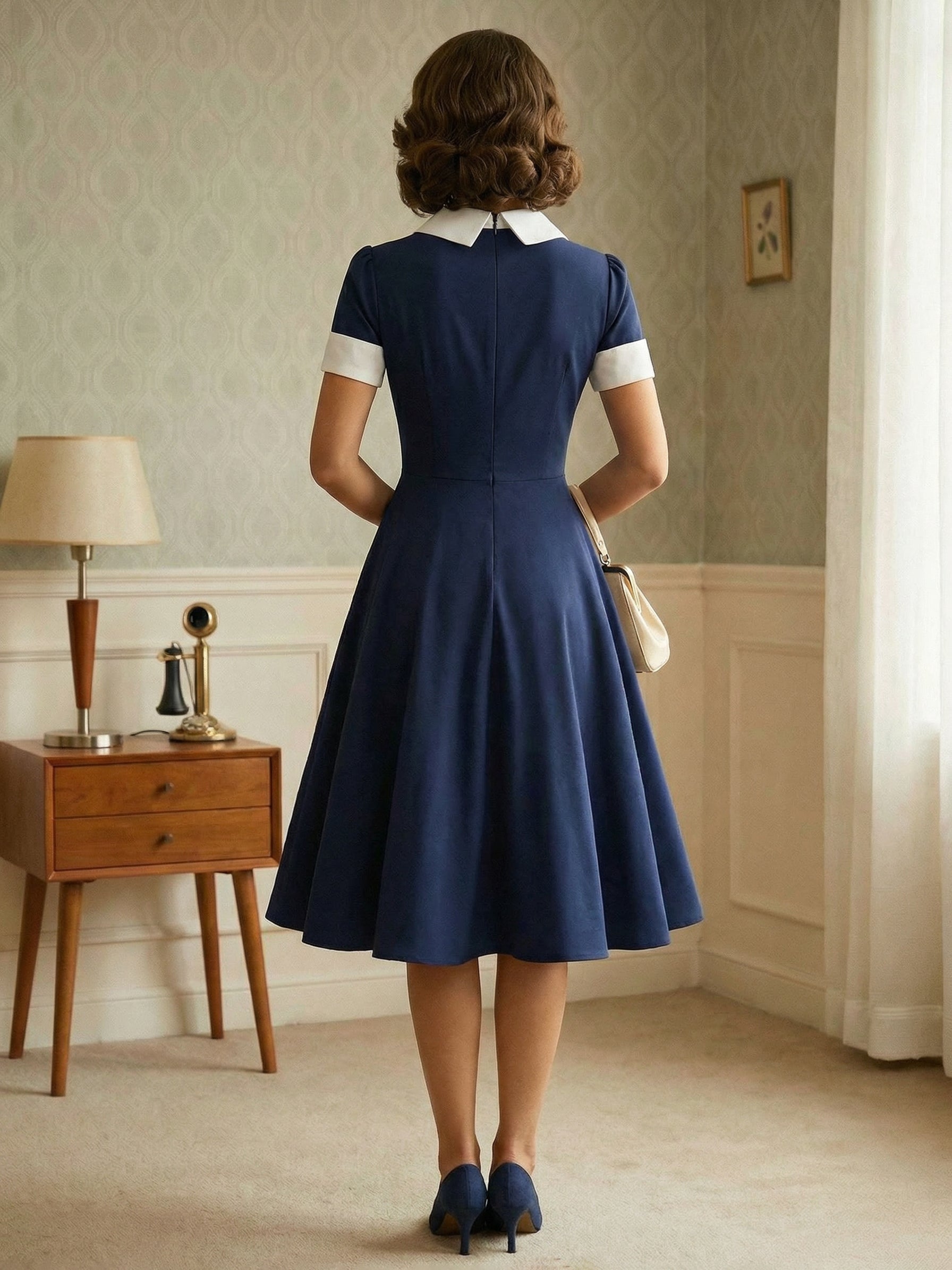 Vintage 1950s Swing Cocktail Dress for Women - V Neck Short Sleeve A-Line Ruched Bust Rockabilly Midi Gown - Wedding Guest 2026