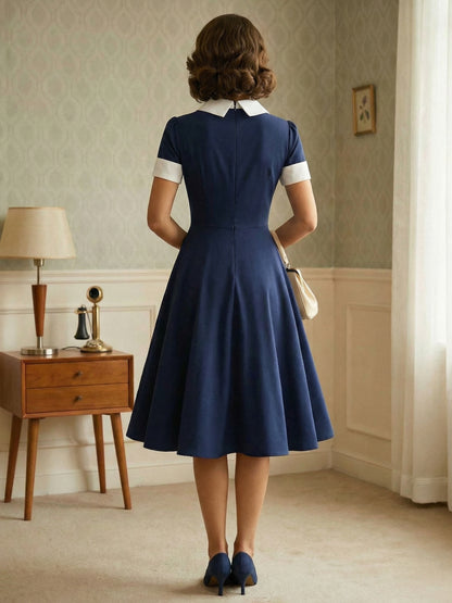 Vintage 1950s Swing Cocktail Dress for Women - V Neck Short Sleeve A-Line Ruched Bust Rockabilly Midi Gown - Wedding Guest 2026