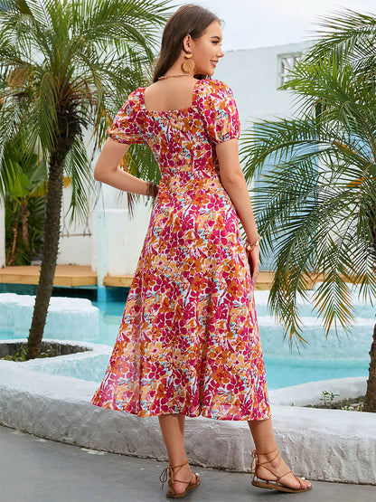 Floral Midi Dress Lace Up Square Neck Short Sleeves Backless Summer Dresses