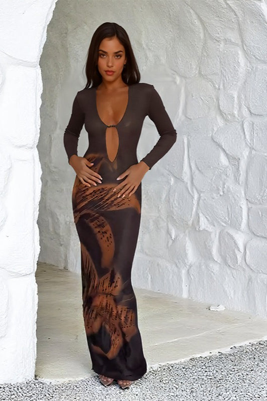 Plunge V-Neck Keyhole Ring Abstract Print Bodycon Maxi Dress