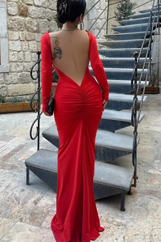 Backless Long Sleeve Ruched Mermaid Formal Gown