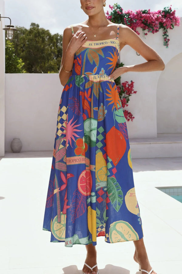Linen Blend Unique Print Square Neck Pocket Casual Vacation Maxi Dress