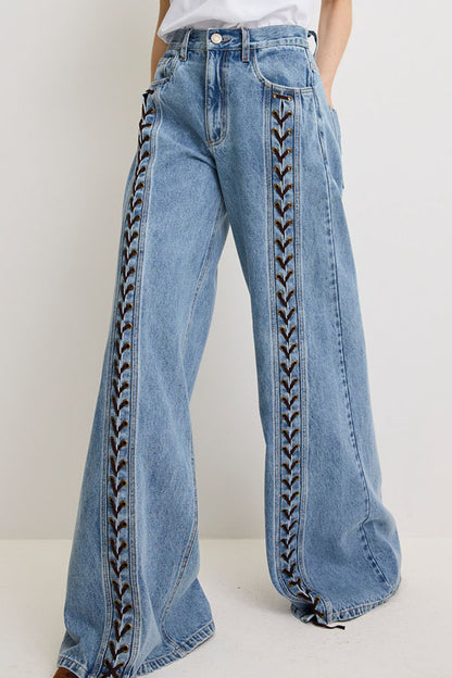 Harloe Denim High Rise Front Center Slit Rope Knot Design Pocket Wide Leg Jeans