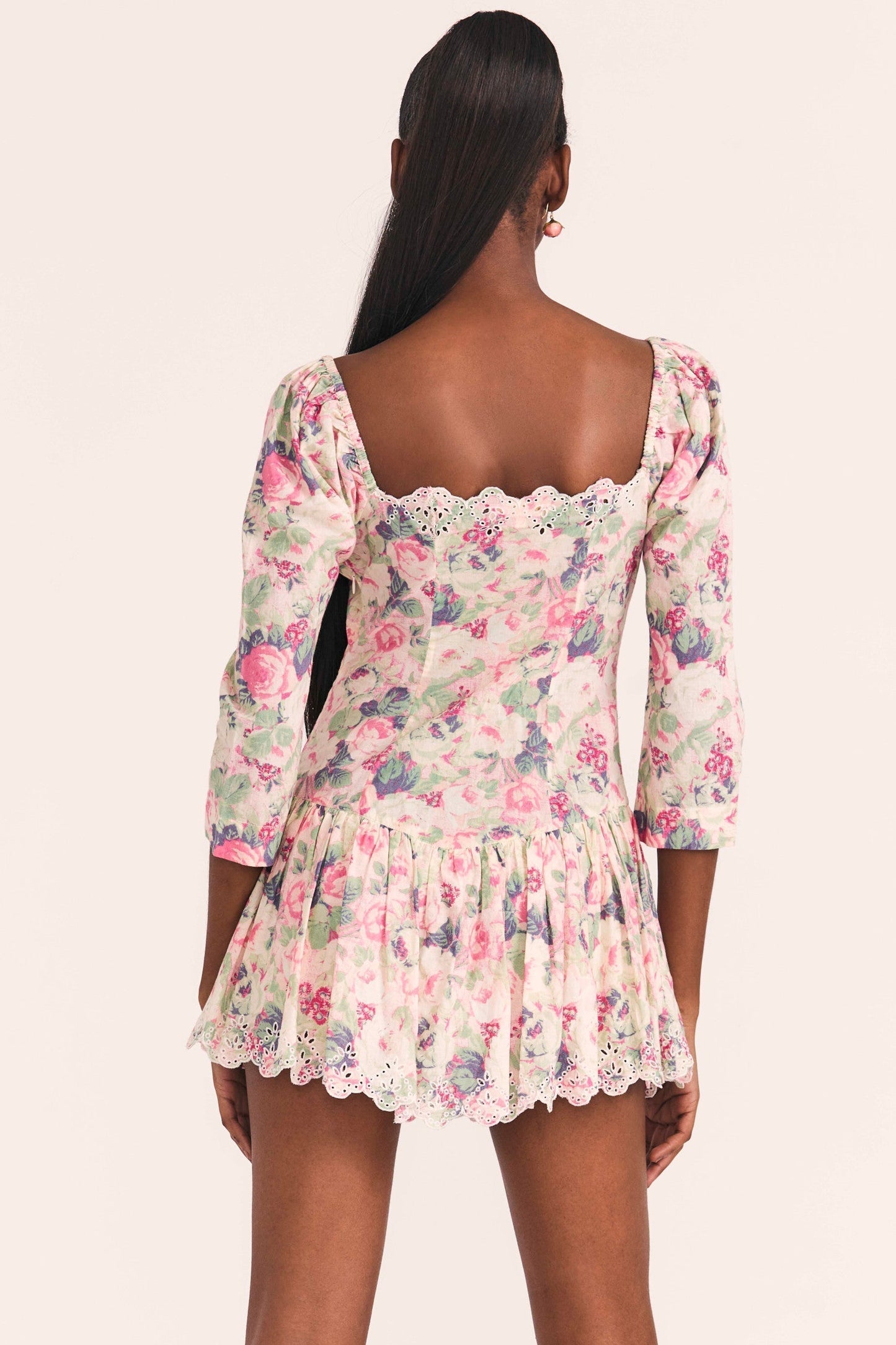 Floral Mid Sleeve Lace Up Ruffle Mini Dress