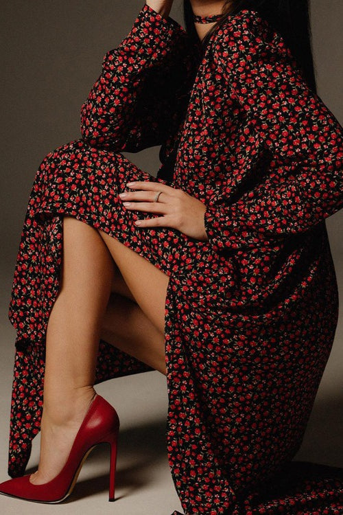 Micro Floral Print Tie-Front Deep V-Neck Side Slit Floral Applique Maxi Dress