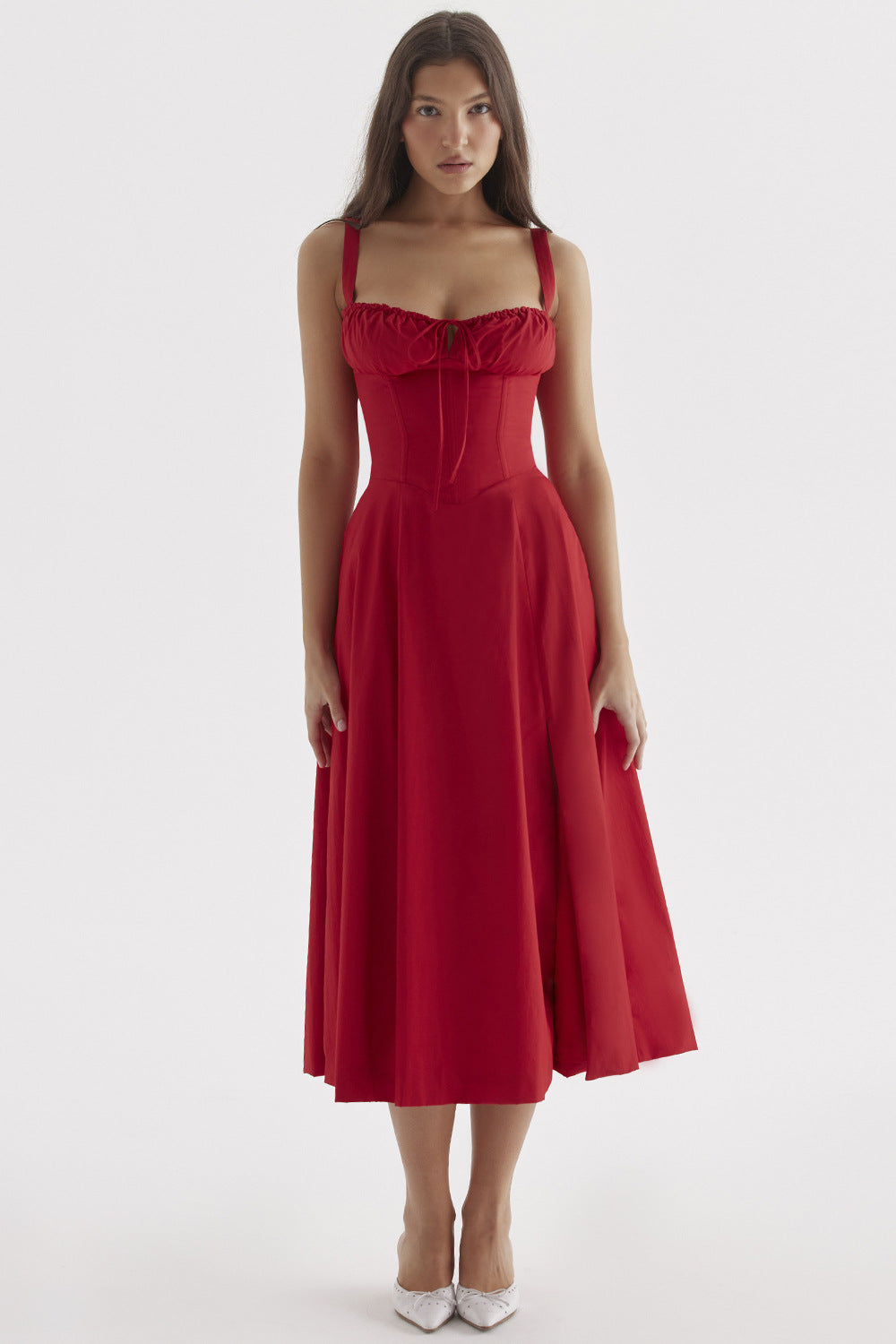 Corset Bodice Ruched Bust Tie-Front Flared Strap Midi Dress