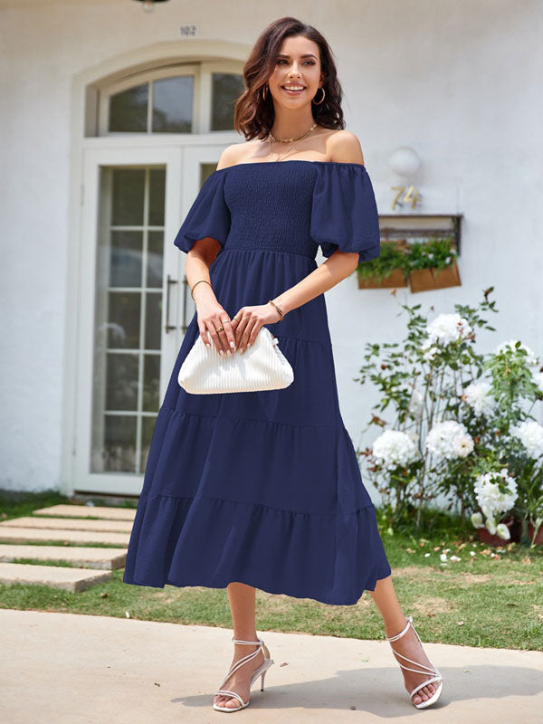 Summer Midi Dress Pink Bateau Neck Pleated Beach Dress
