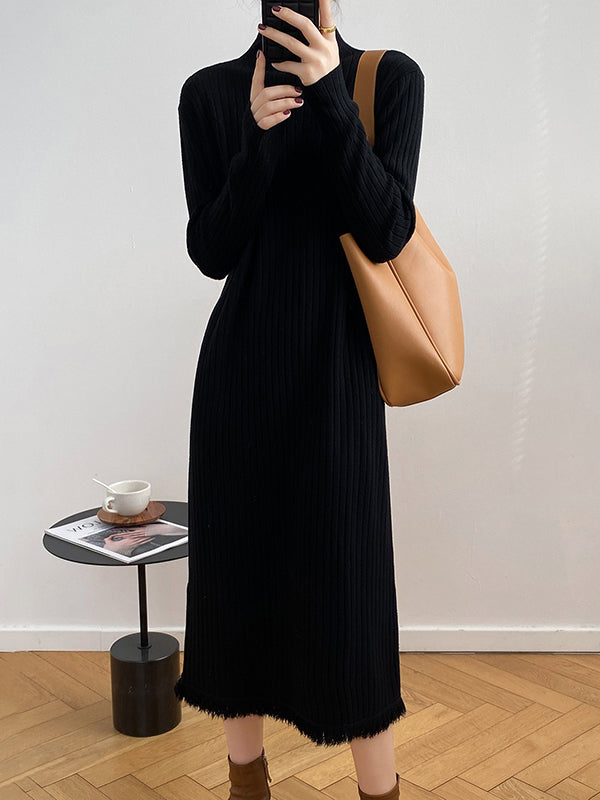 Long Sleeves Loose Fringed Solid Color Mock Neck Midi Dresses Sweater Dresses