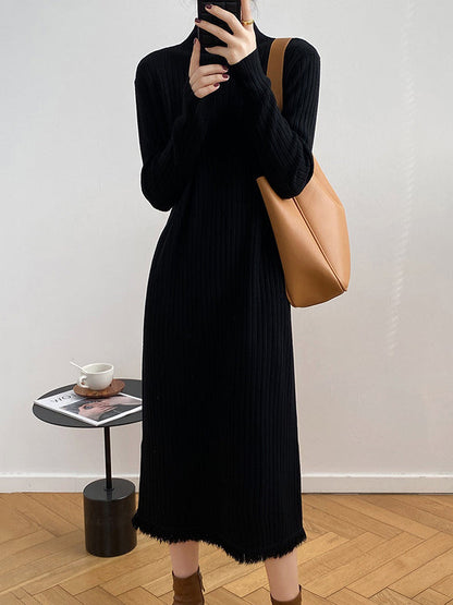 Long Sleeves Loose Fringed Solid Color Mock Neck Midi Dresses Sweater Dresses