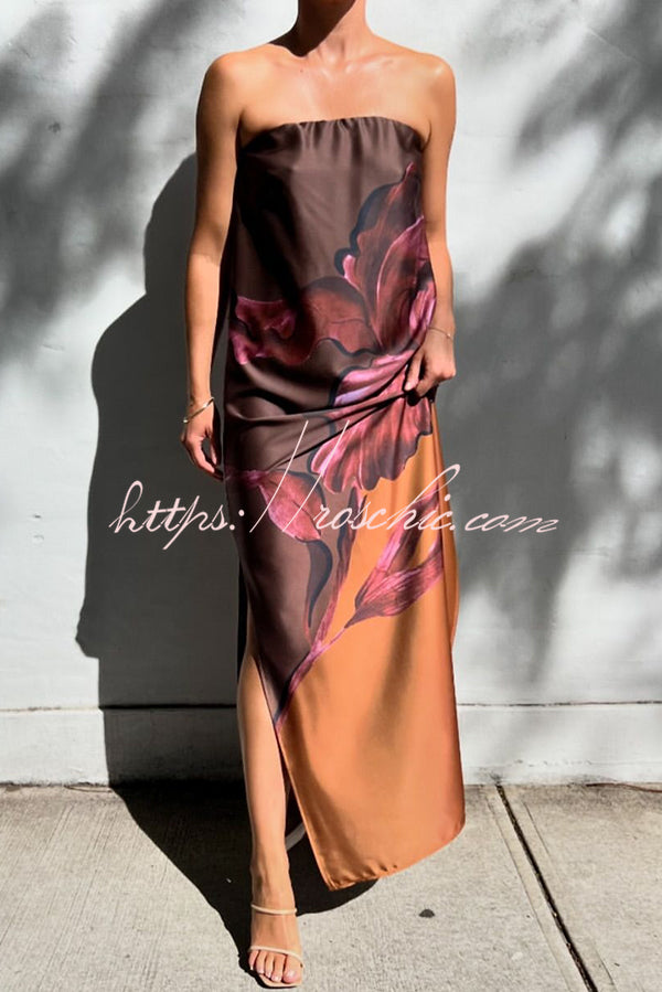 Floral Print Sexy Elastic Bandeau Slit Midi Dress