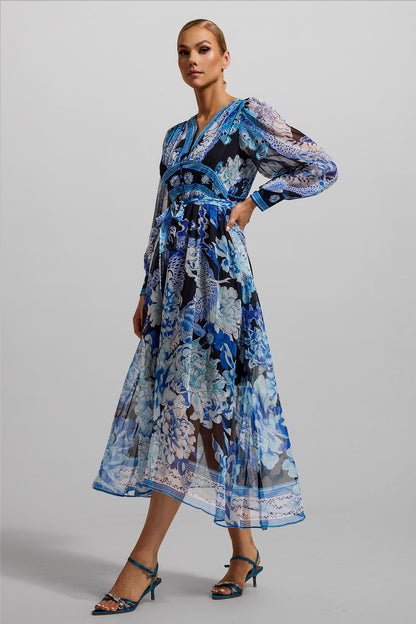 Dragon Print V-Neck Lantern Sleeve Midi Dress Dark Blue