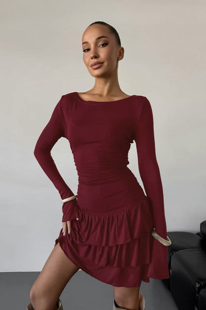 Bateau Neck Long Sleeve Ruched Tiered Ruffle Mini Dress